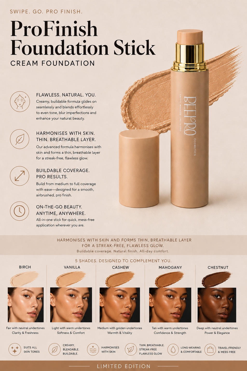 BeePro’s Limited Edition Swipe & Go Pro Finish Foundation Stick